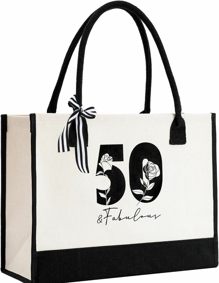 Crisky Tote Handbags | Crisky 50Th Birthday Gifts For Women Canvas Tote Bag 50 & Fabulous Beach Bag For Wife/Sister/Mom/Aunt/Friends 50Th Birthday Gifts,17\" X 12\" X 7\"