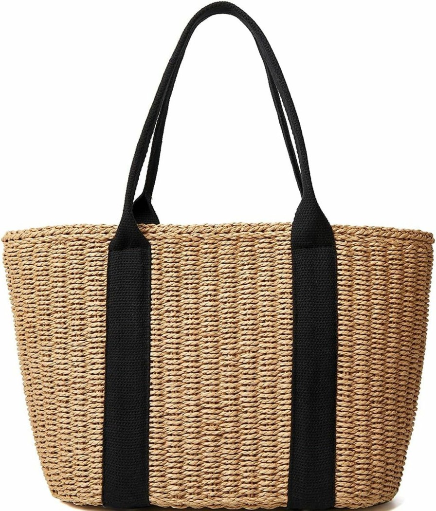 Epsion Tote Handbags | Women Straw Bags Summer Beach Large Tote Bag Handmade Woven Shoulder Crossbody Handbag