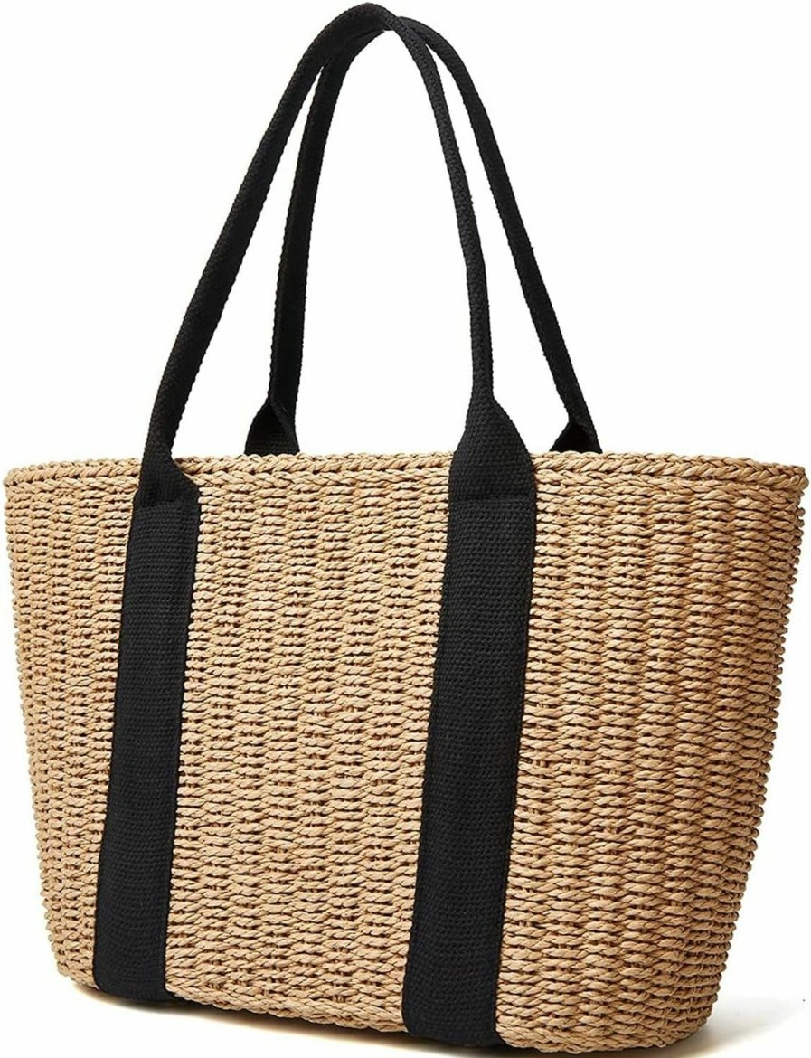 Epsion Tote Handbags | Women Straw Bags Summer Beach Large Tote Bag Handmade Woven Shoulder Crossbody Handbag