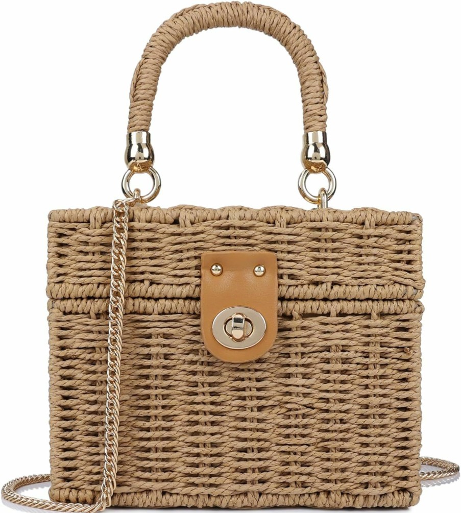 Youjaree Tote Handbags | Handwoven Rattan Bag For Women Wicker Crossbody Shoulder Bag Straw Beach Tote Bag Top Handle Satchel Handbag With Chain Strap