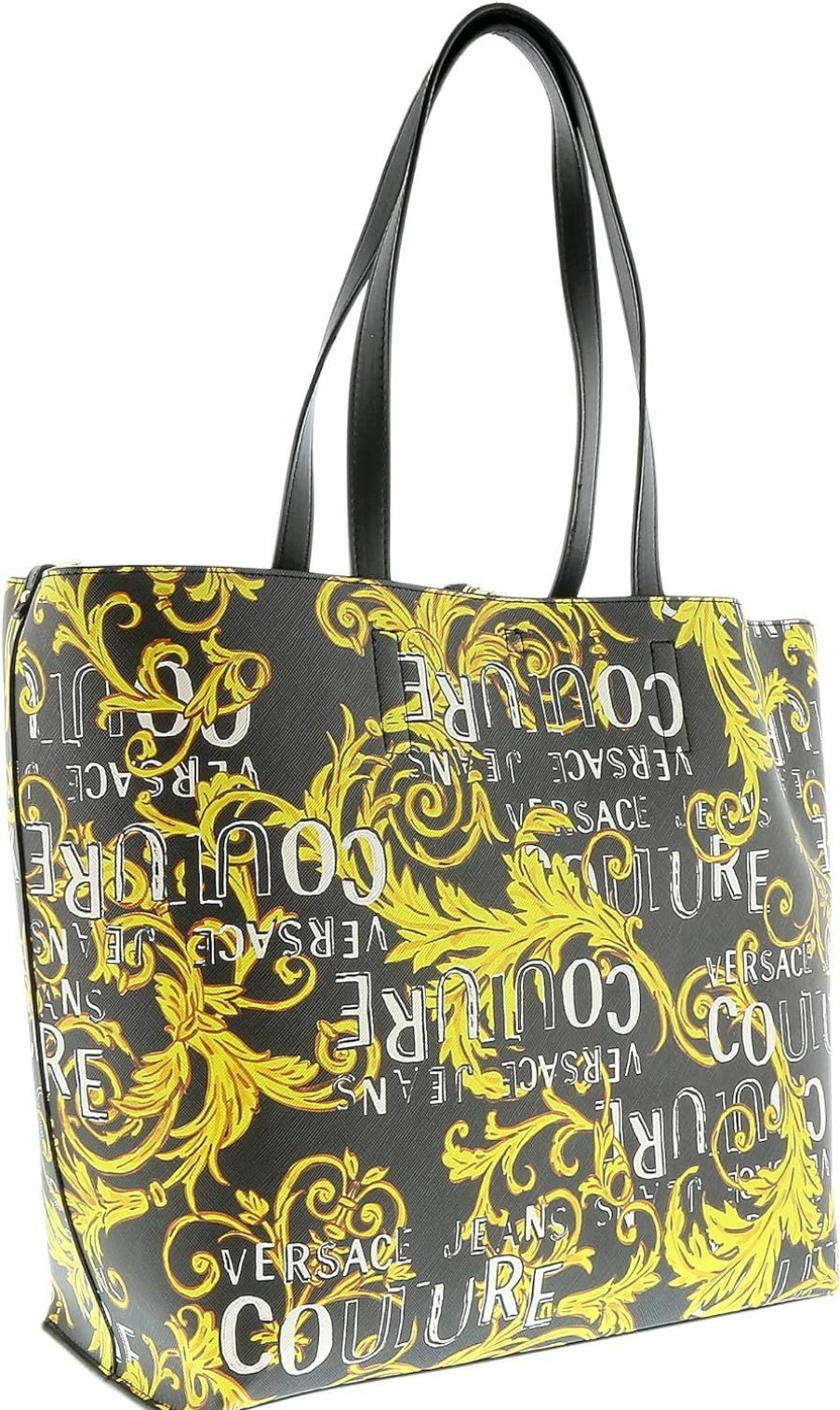 VERSACE JEANS COUTURE Tote Handbags | Versace Jeans Couture Black White Baroque Printed Classic Everyday Large Shopper Tote Bag For Womens