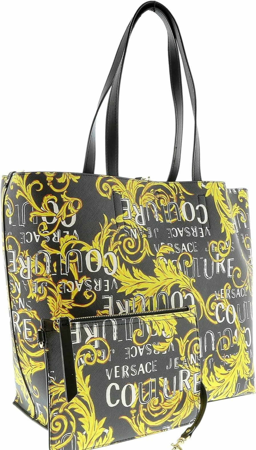 VERSACE JEANS COUTURE Tote Handbags | Versace Jeans Couture Black White Baroque Printed Classic Everyday Large Shopper Tote Bag For Womens