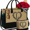 YOOLIFE Tote Handbags | Yoolife Initial Jute Tote Bag & Makeup Bag Embroidery Monogram Tote Bag Personalized Birthday Gifts For Women Mom