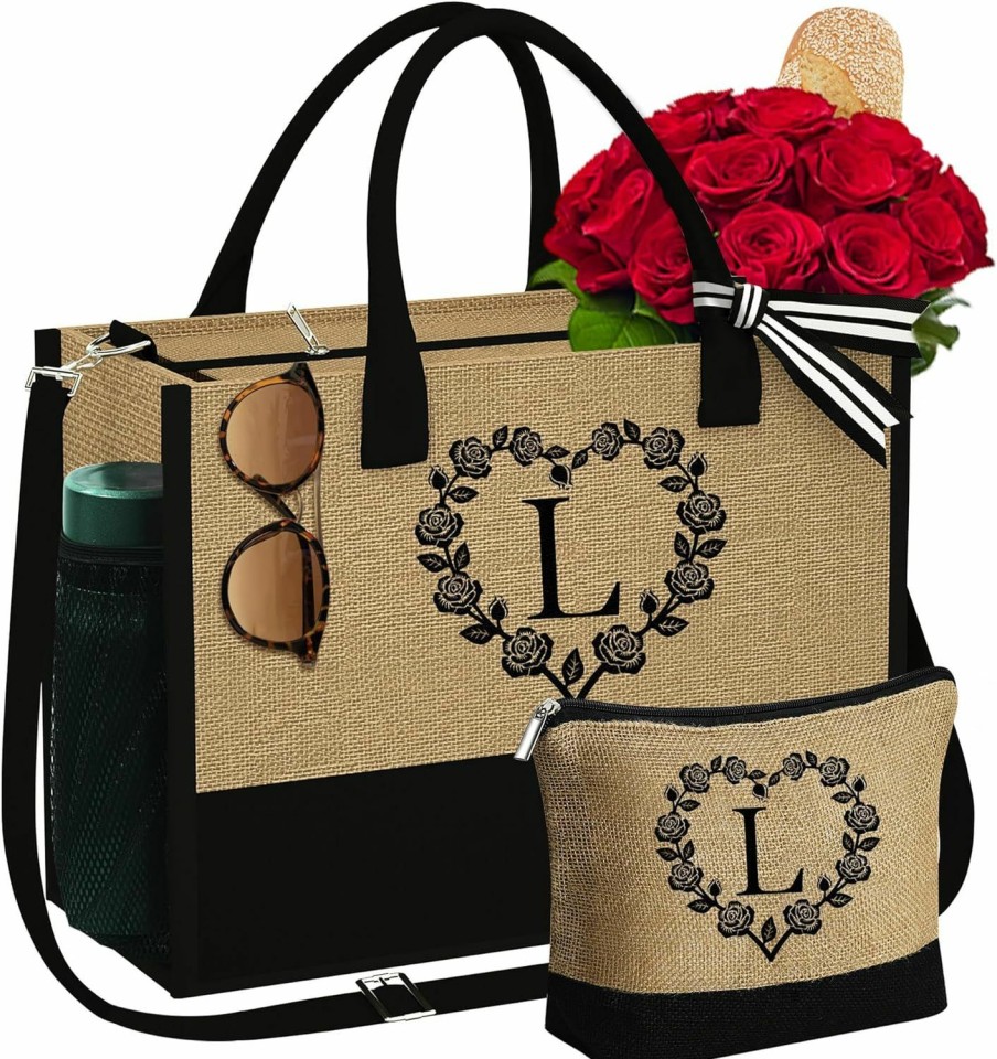 YOOLIFE Tote Handbags | Yoolife Initial Jute Tote Bag & Makeup Bag Embroidery Monogram Tote Bag Personalized Birthday Gifts For Women Mom