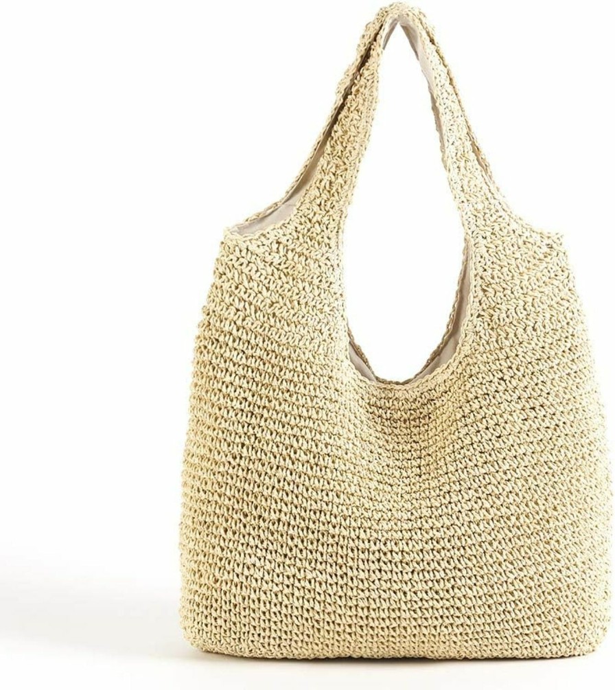 QTKJ Tote Handbags | Qtkj Hand-Woven Soft Large Straw Shoulder Bag Boho Straw Handle Tote Retro Summer Beach Bag Rattan Handbag (Beige)