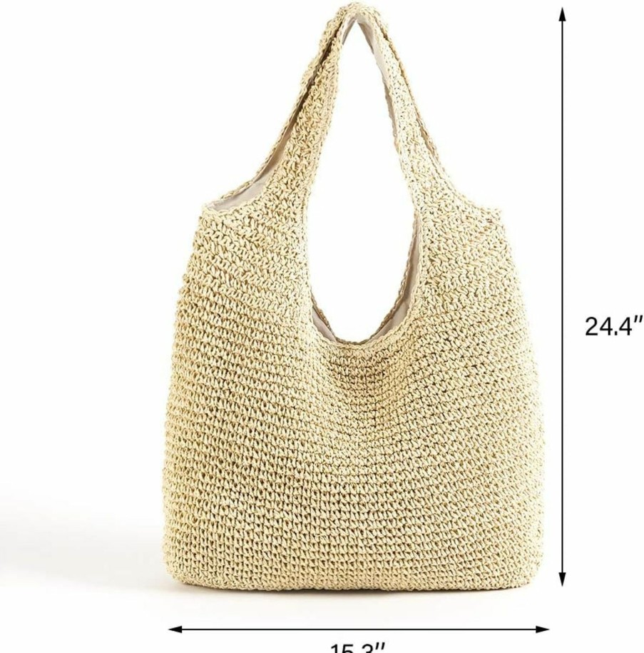 QTKJ Tote Handbags | Qtkj Hand-Woven Soft Large Straw Shoulder Bag Boho Straw Handle Tote Retro Summer Beach Bag Rattan Handbag (Beige)